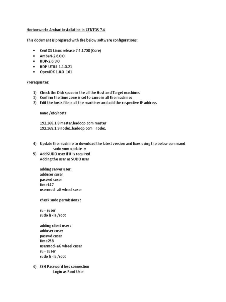 Install Hortonworks Ambari on CentOS 7.4 | PDF | Secure Shell | Sudo