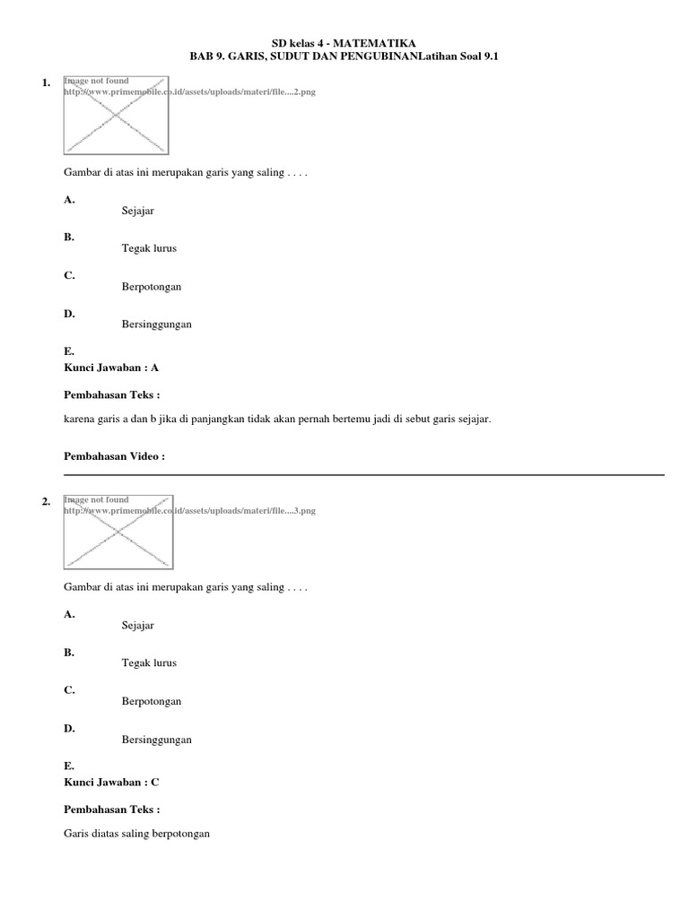 Latihan Soal Sd Kelas 4 Matematika Bab 9 Garis Sudut Dan