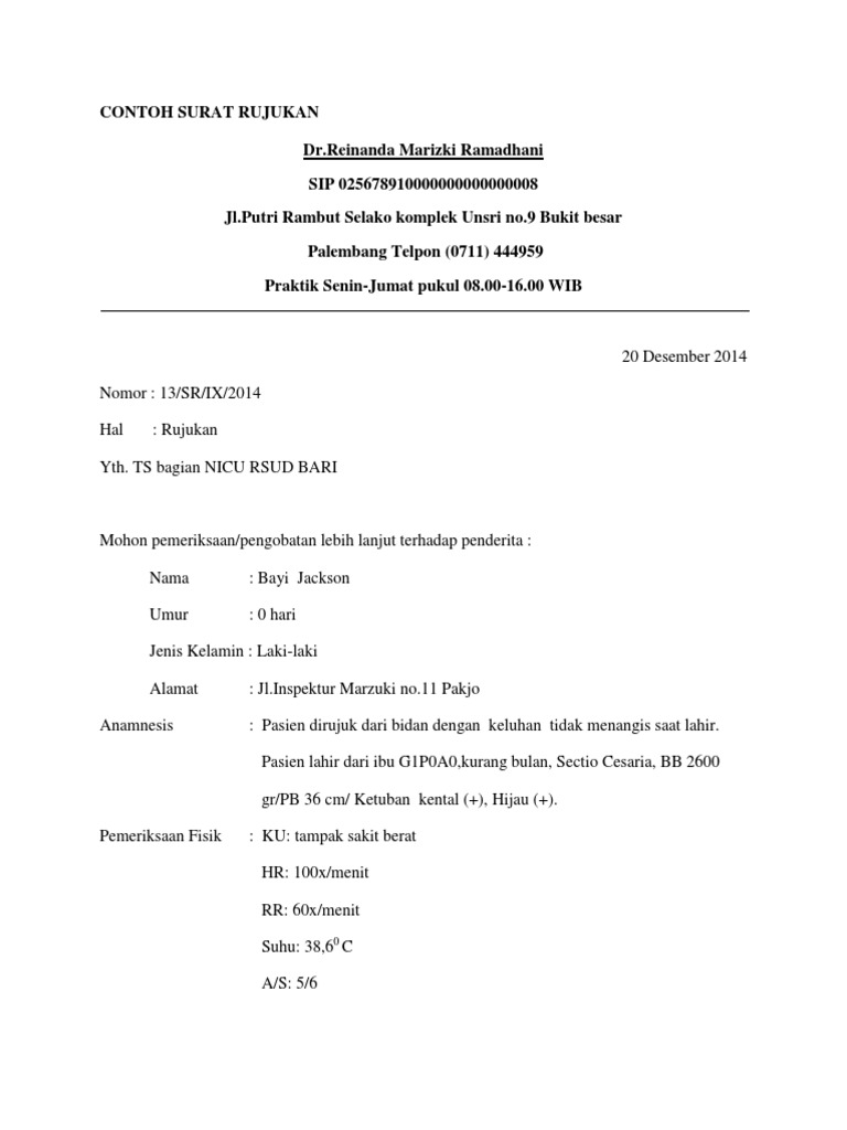 Contoh Surat Rujukan Bayi Baru Lahir | PDF