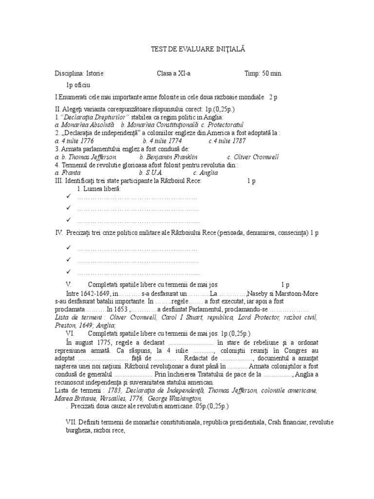 1 Test Initial Clasa A Xi | PDF