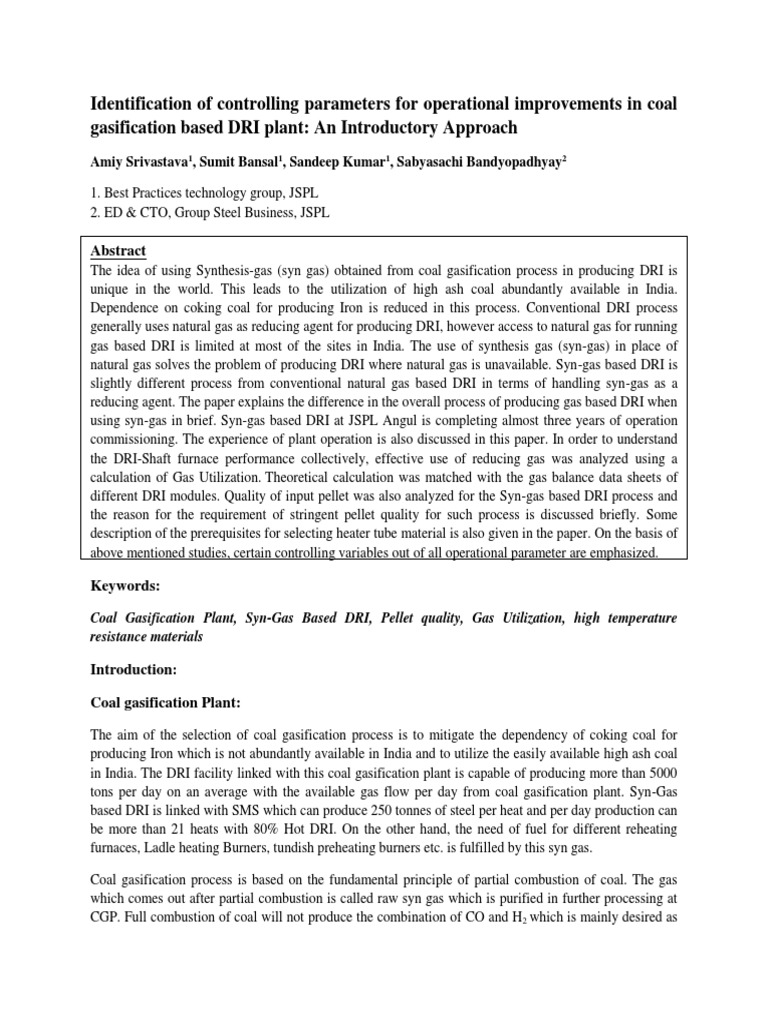 DRI Paper Amiy Srivastava | PDF | Gasification | Coal