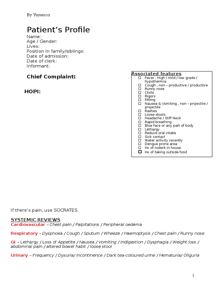 History Taking Template A | PDF | Nausea | Symptoms And Signs