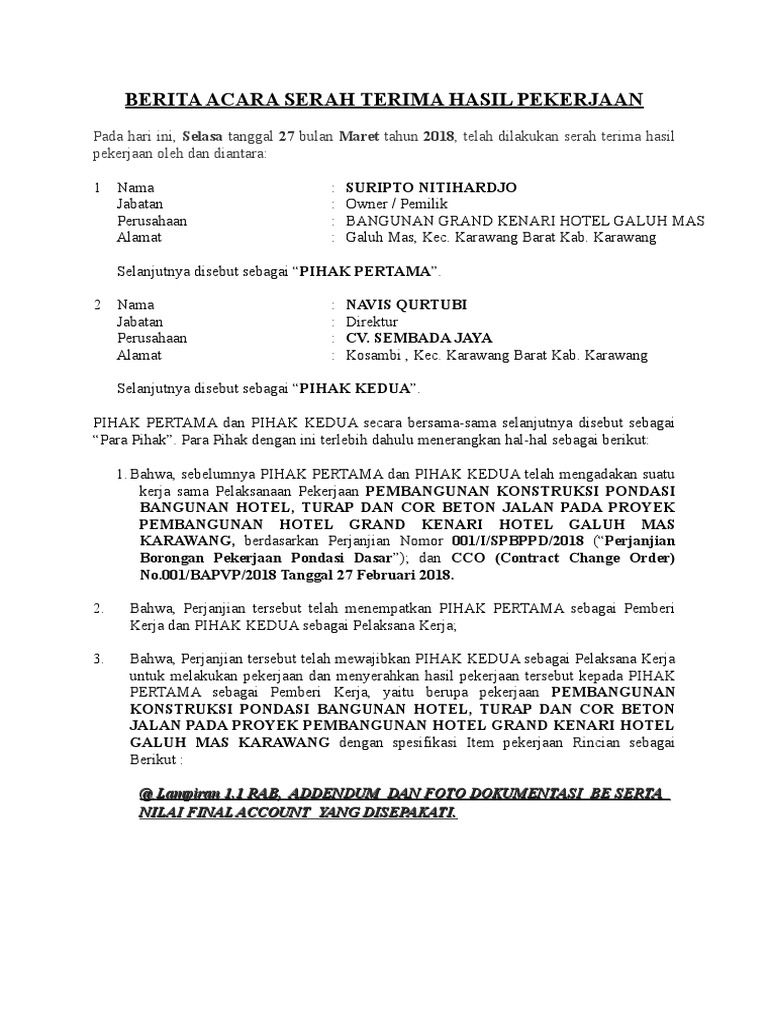 Contoh Berita Acara Serah Terima Pekerjaan Proyek Hotel Pdf