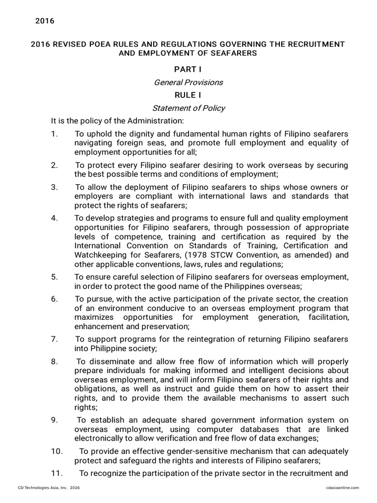 2016 Revised POEA Rules for Seafarers | PDF | Employment | Regulatory ...