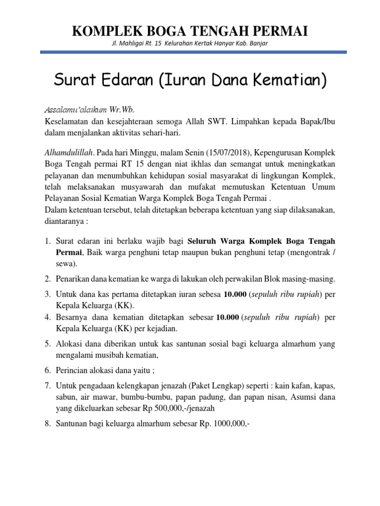 Surat Edaran Iuran Kematian