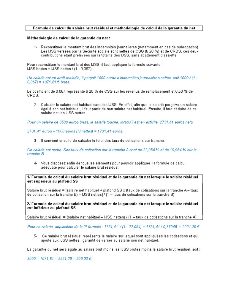 Maintien de Salaire Formule de Calcul Du Salaire Brut Residuel Et de La  Garantie Du Net | PDF | Salaires | Relations entre employés