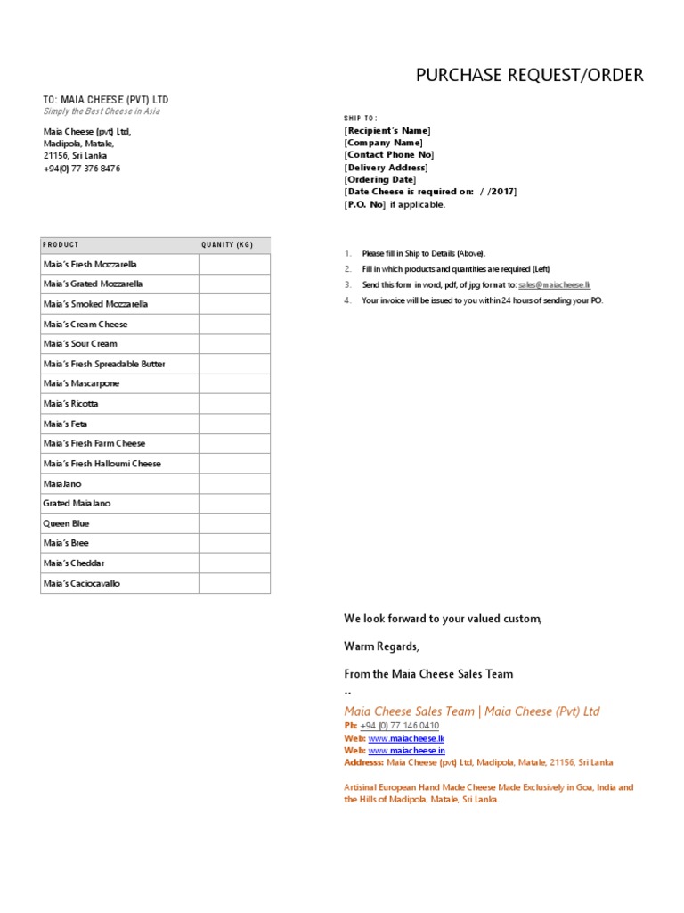 Maia Cheese 2017 Purchase Order Form | PDF