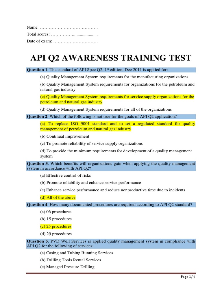 API Q2 Awareness Test (English) PDF Quality Management Quality Management System