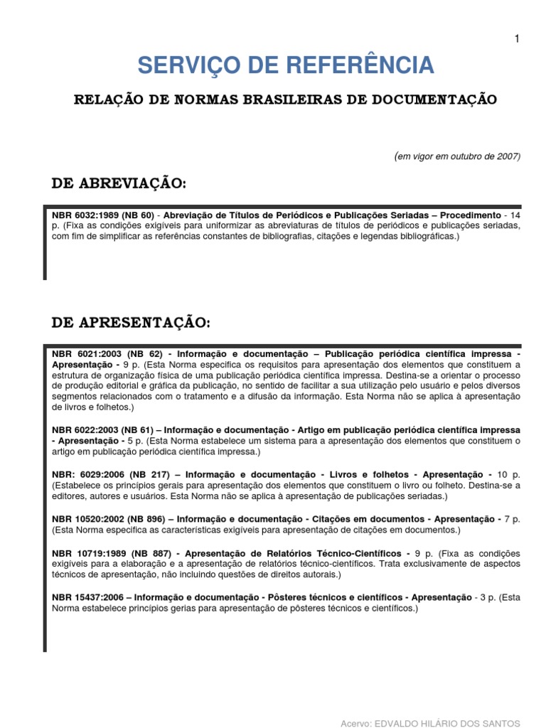 Normas Brasileiras de Documentação | PDF | International Standard Book ...