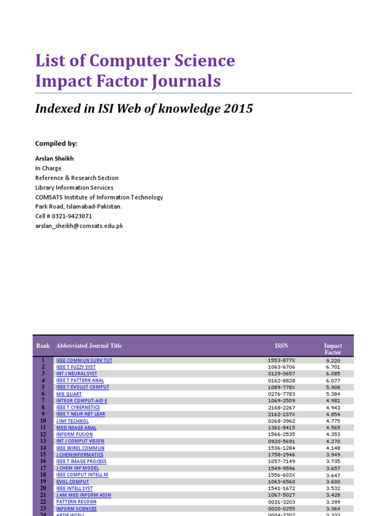 List of Computer Science Impact Factor Journals: Indexed in ISI Web of ...