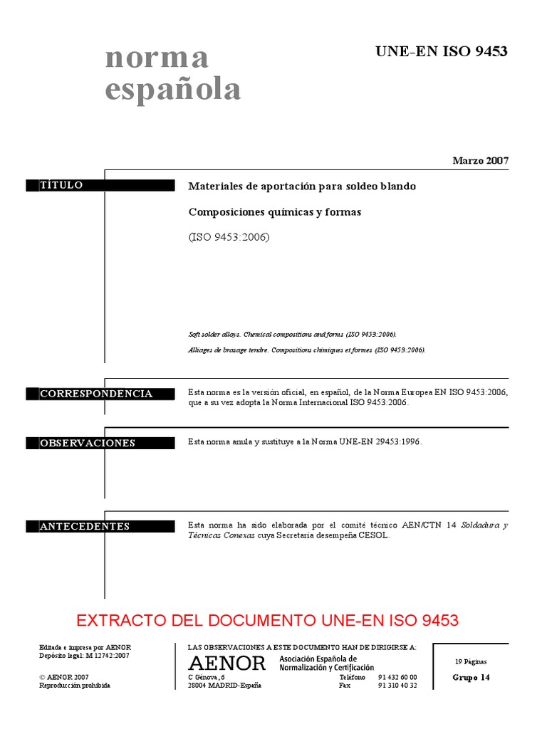 (Ex) Une-En Iso 9453 2007 PDF | PDF | Organización internacional para ...