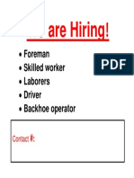We Are Hiring !: Foreman Skilled Worker Laborers Driver Backhoe Operator