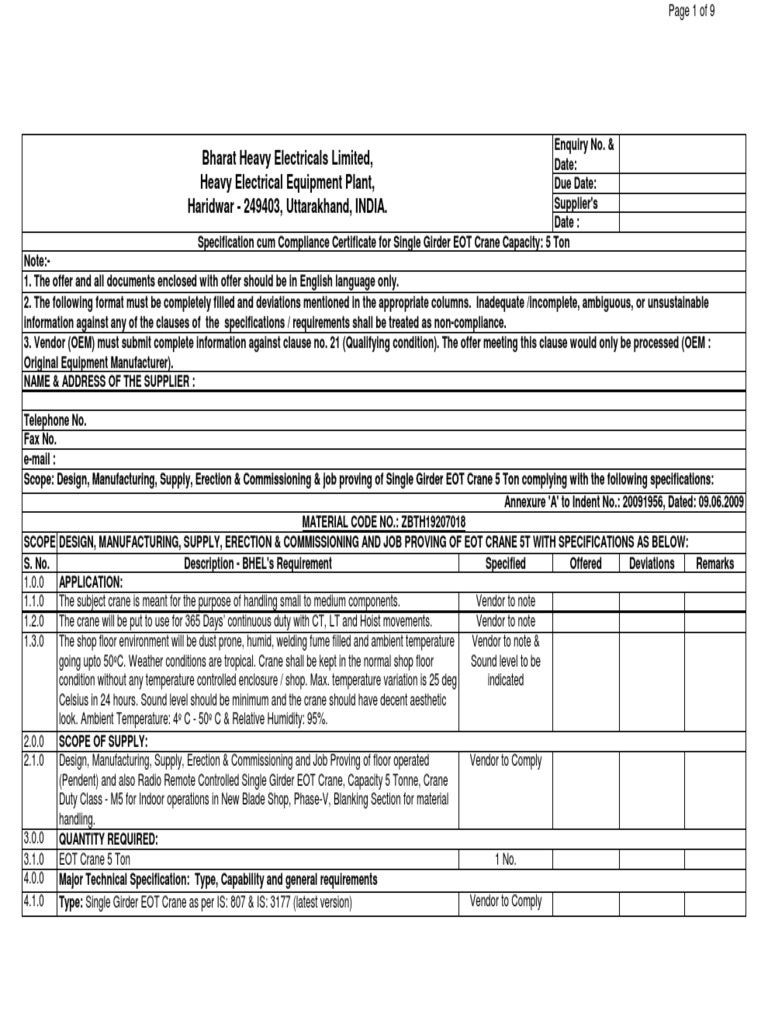 5 Ton EOT Crane Specification Document | PDF | Gear | Crane (Machine)