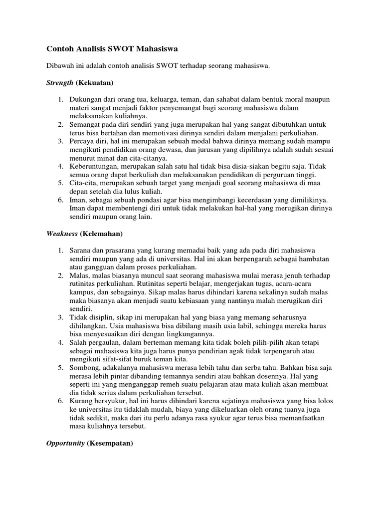 Contoh Analisis SWOT Mahasiswa