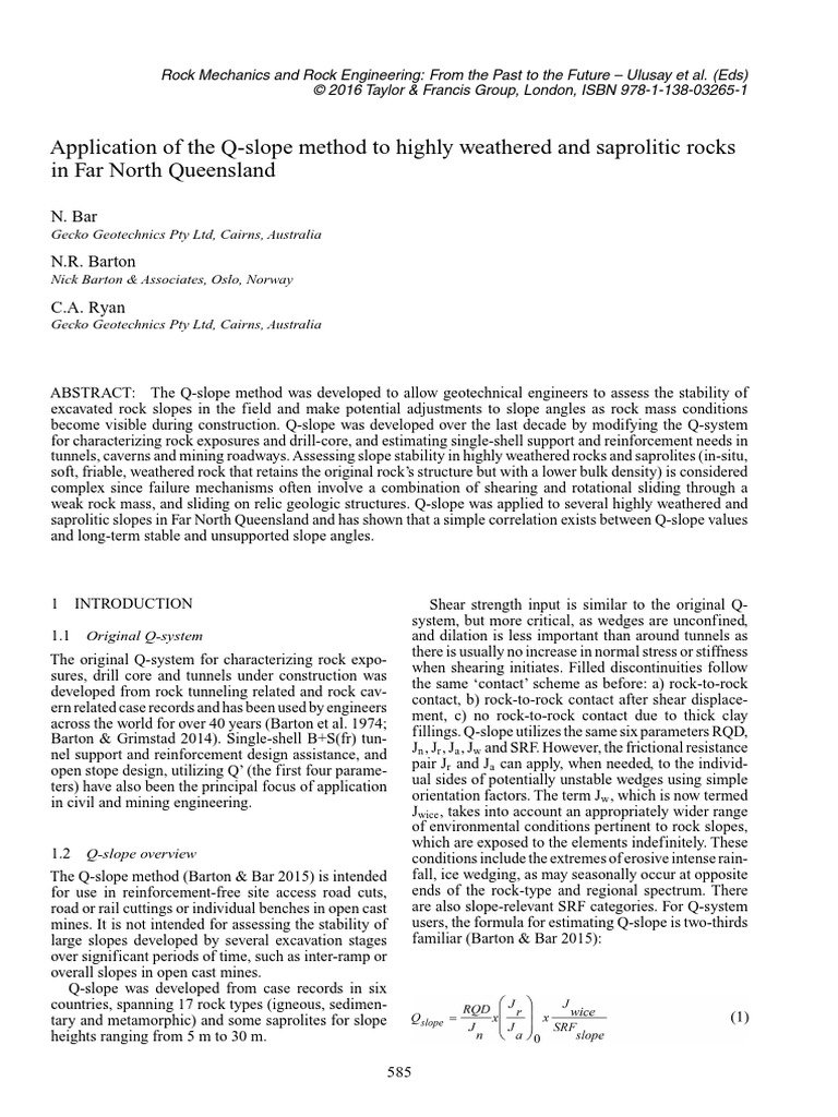 Application of The Q-Slope Method To Highly Weathered and Saprolitic ...