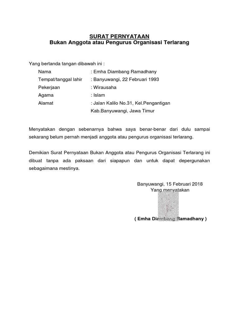 Surat Pernyataan Bukan Pengurus Atau Anggota Organisasi