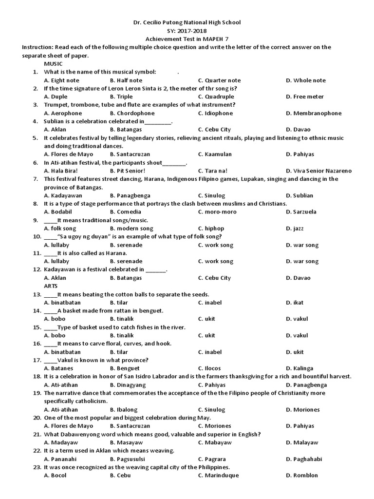 Achievement Test Grade 7 PDF Cancer Stress (Biology)