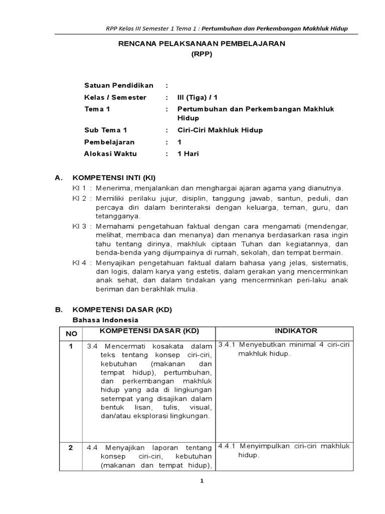 RPP Kelas 3 Sd Tema 1 Revisi 2018