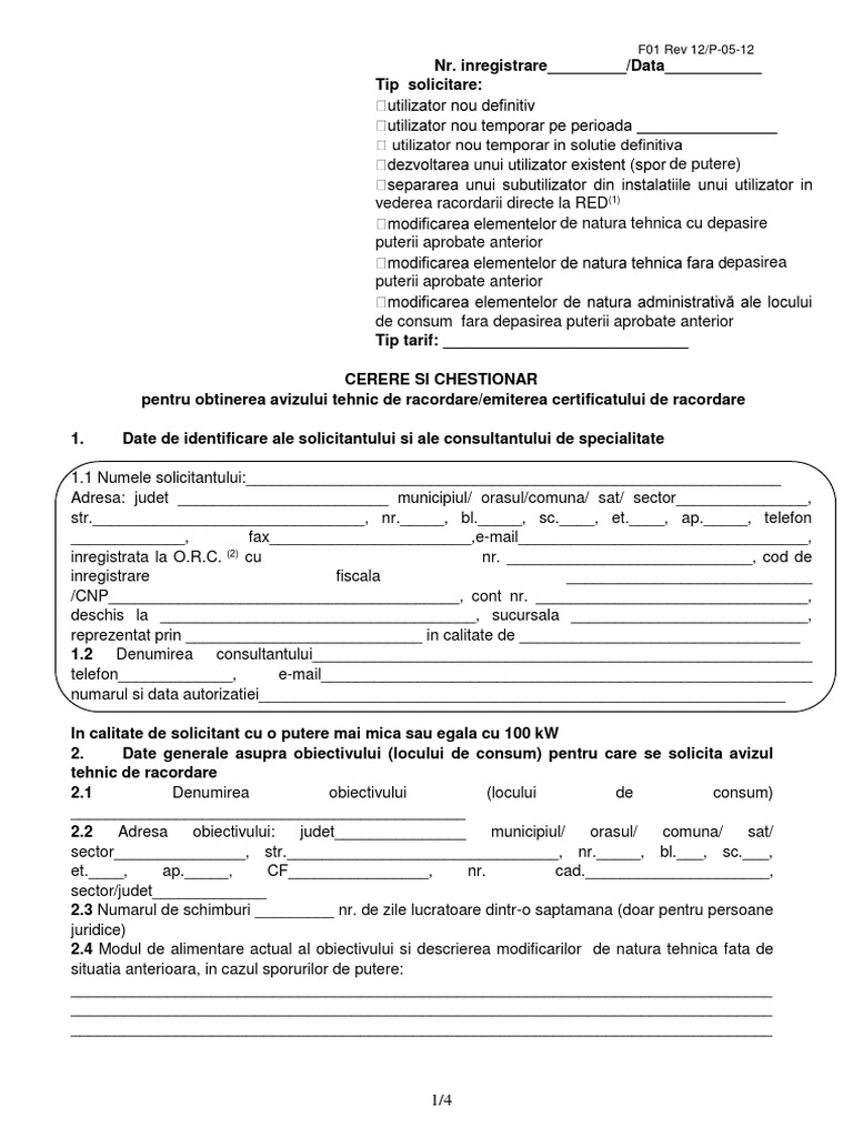 Formular 20 Din P 05 12 Anexa 01 Cod F01 P 05 12 Cerere Si Chestionar Pentru Obtinere Atr Putere Sub 100 Kw Edm