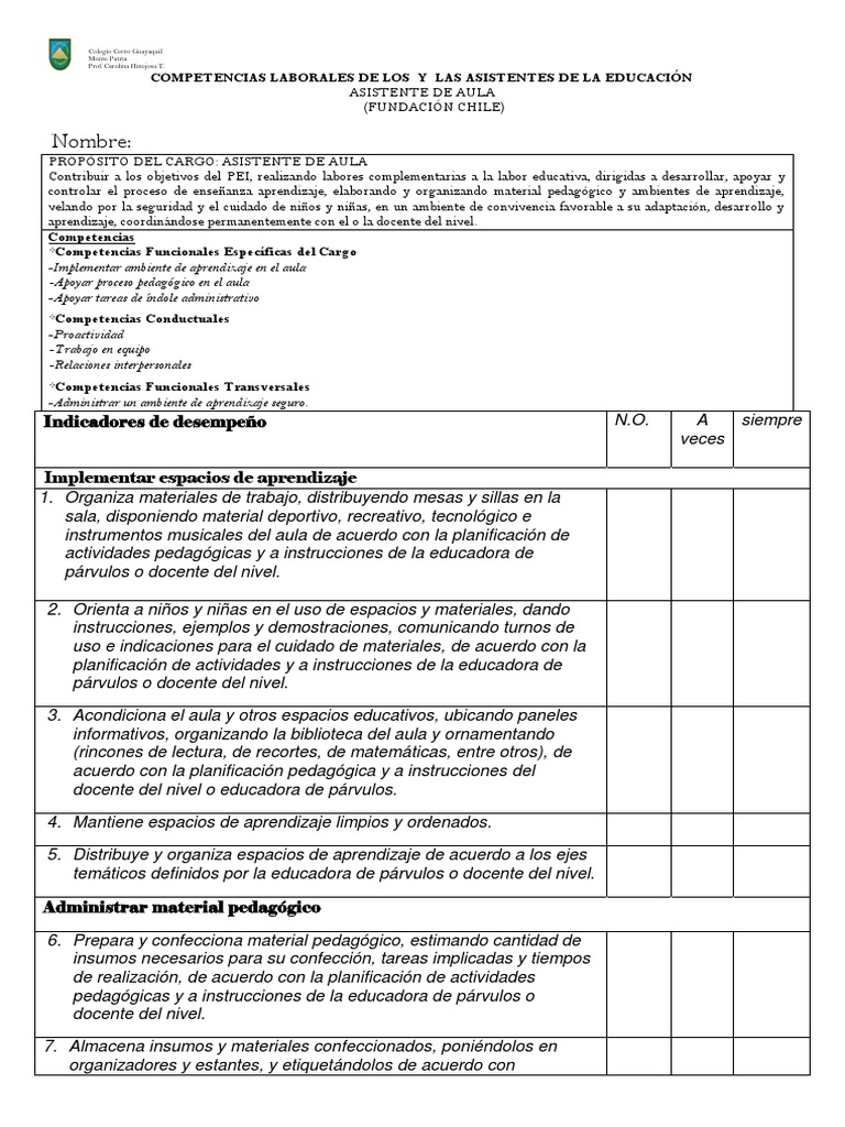 Evaluacion Desempeño Asistente de Aula Tercero Basico | PDF | Salón de ...