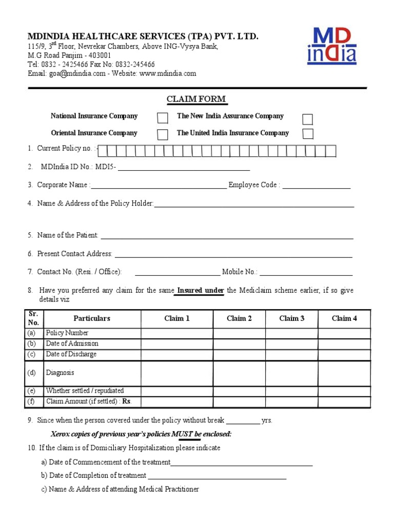 Mdindia Healthcare Services (Tpa) Pvt. LTD. Claim Form PDF