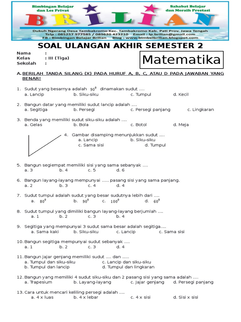 Soal Uas Matematika Kelas 3 Sd Semseter 2 Dan Kunci Jawaban