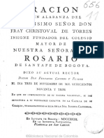 Oracion Que en Alabanza Del Ilustrisimo Senor Don Fray Christoval de Torres Insigne Fundador Del Colegio Mayor de Nuestra Senora Del Rosario