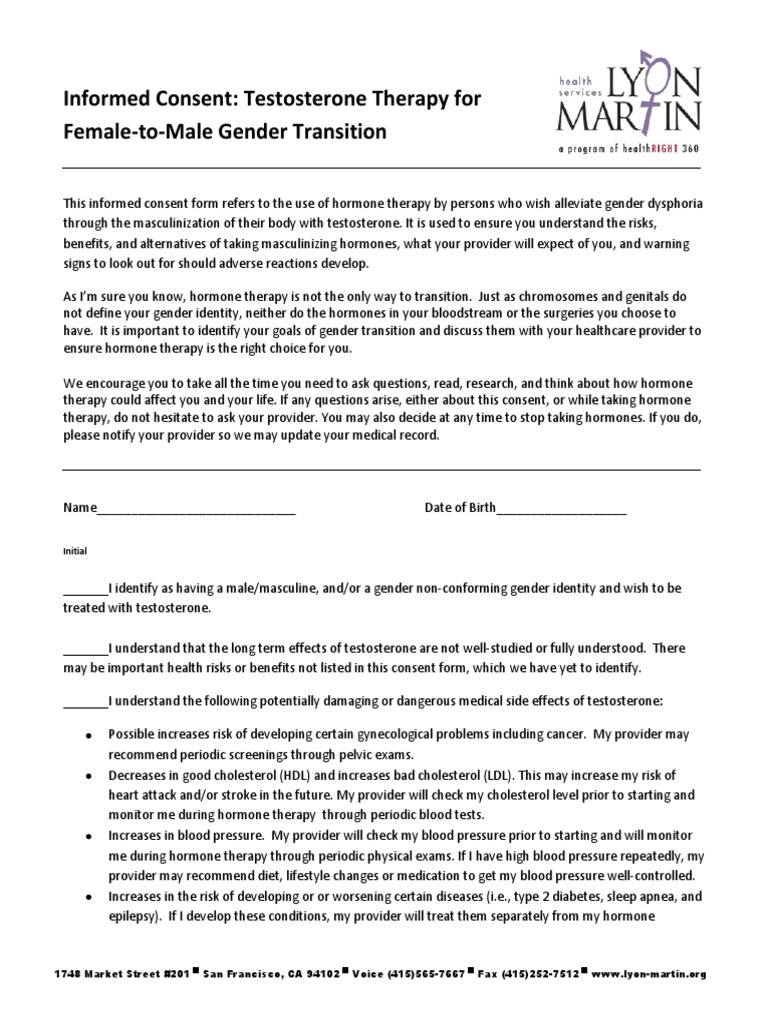 Informed Consent for FTM Testosterone Therapy | PDF | Hormone ...