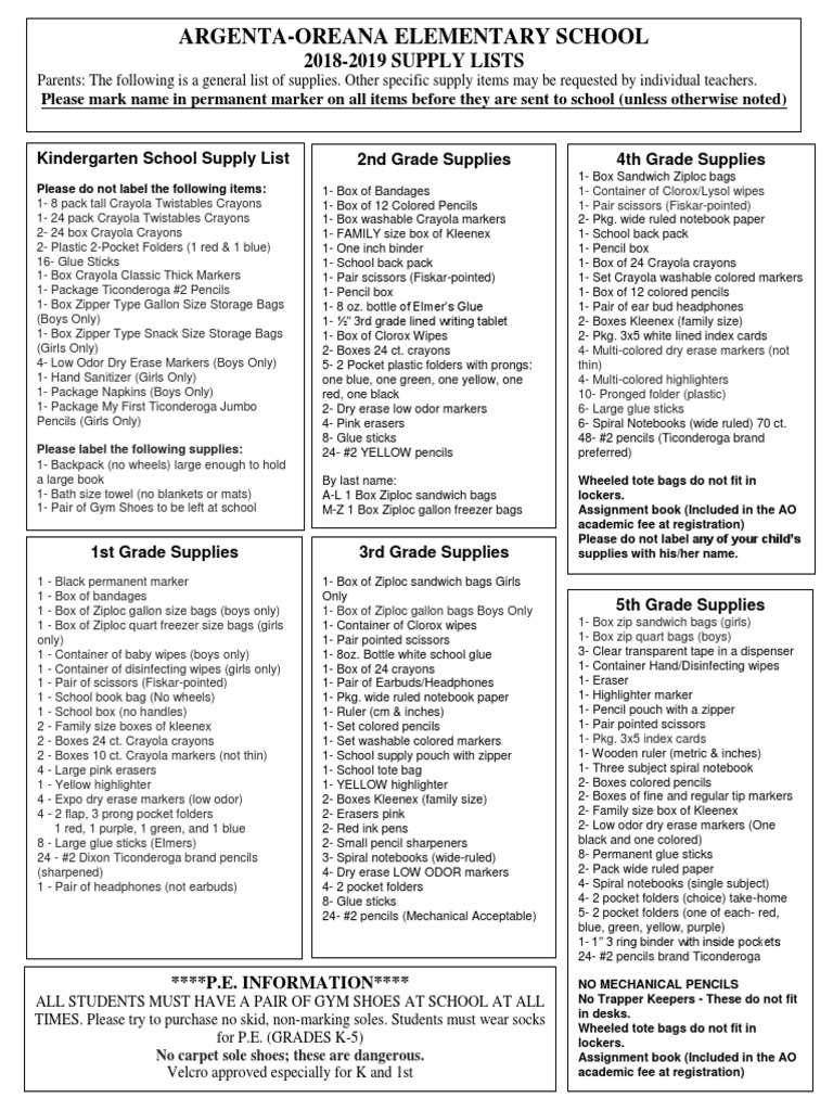 Argenta Oreana Elementary Supplies List PDF Pencil Stationery