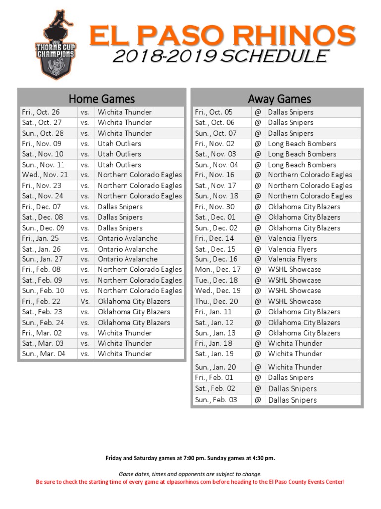 El Paso Rhinos Schedule PDF Sports Teams Ice Hockey