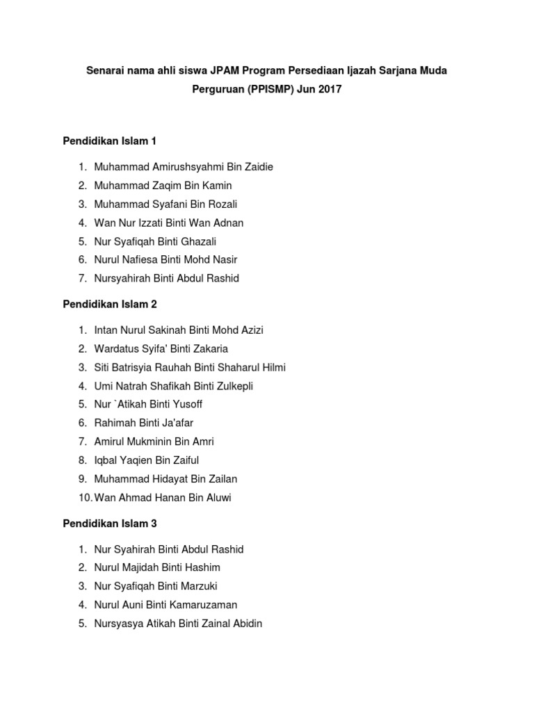 Senarai Nama Ahli Siswa JPAM Program Persediaan Ijazah Sarjana Muda ...
