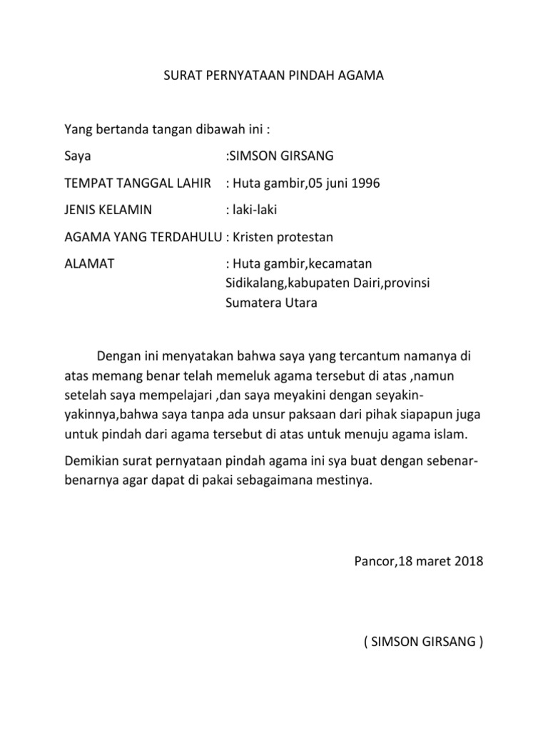 Surat Pernyataan Pindah Agama