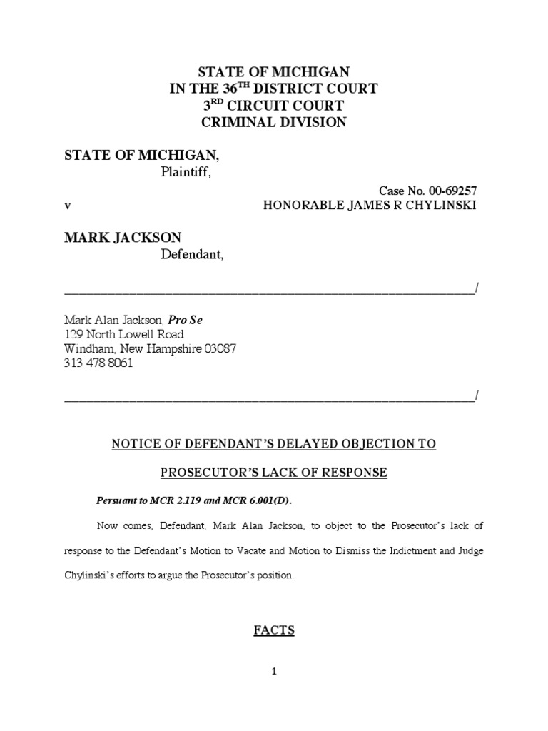 Defendant's Objection (9!29!10) Prosecutor Judge