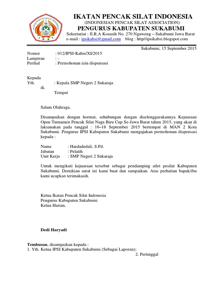 Contoh Surat Izin Dispensasi Atlet Agron Web