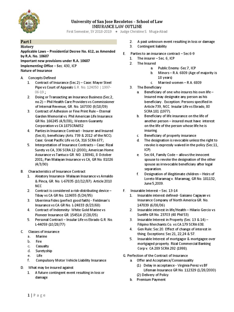 Insurance Law Outline: Key Concepts & Cases | PDF | Insurance | Life ...