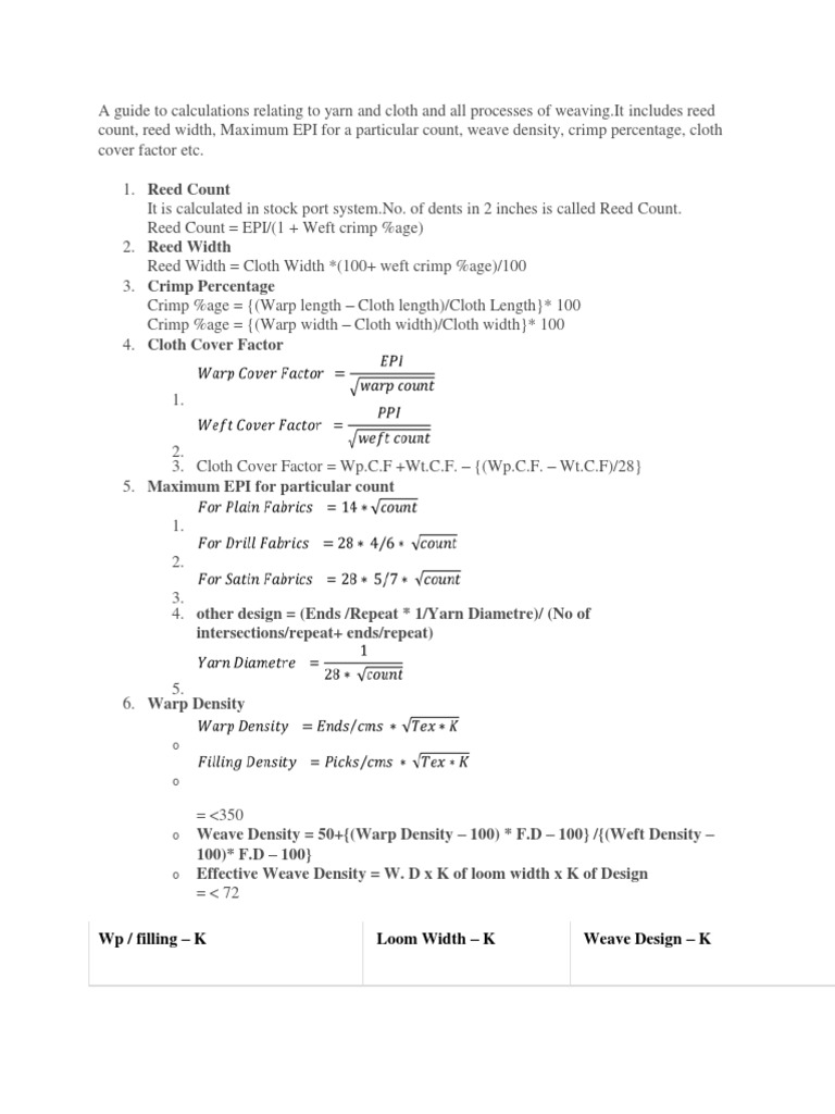 Weaving Calculation Guide and Formulas | PDF | Textiles | Weaving