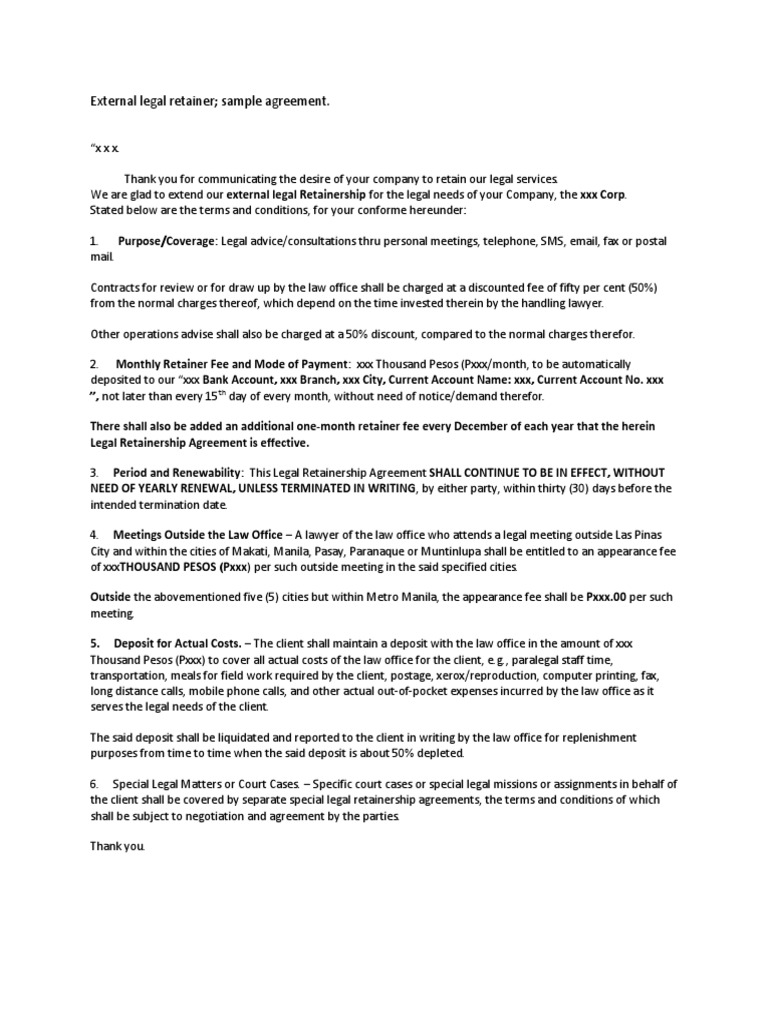 Legal Retainership Agreement Sample | PDF | Attorney's Fee | Lawsuit