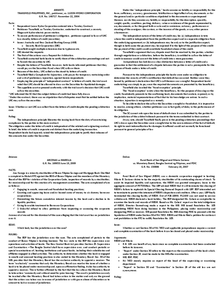 Compilation of Banking Case Digests PDF Receivership Liquidation