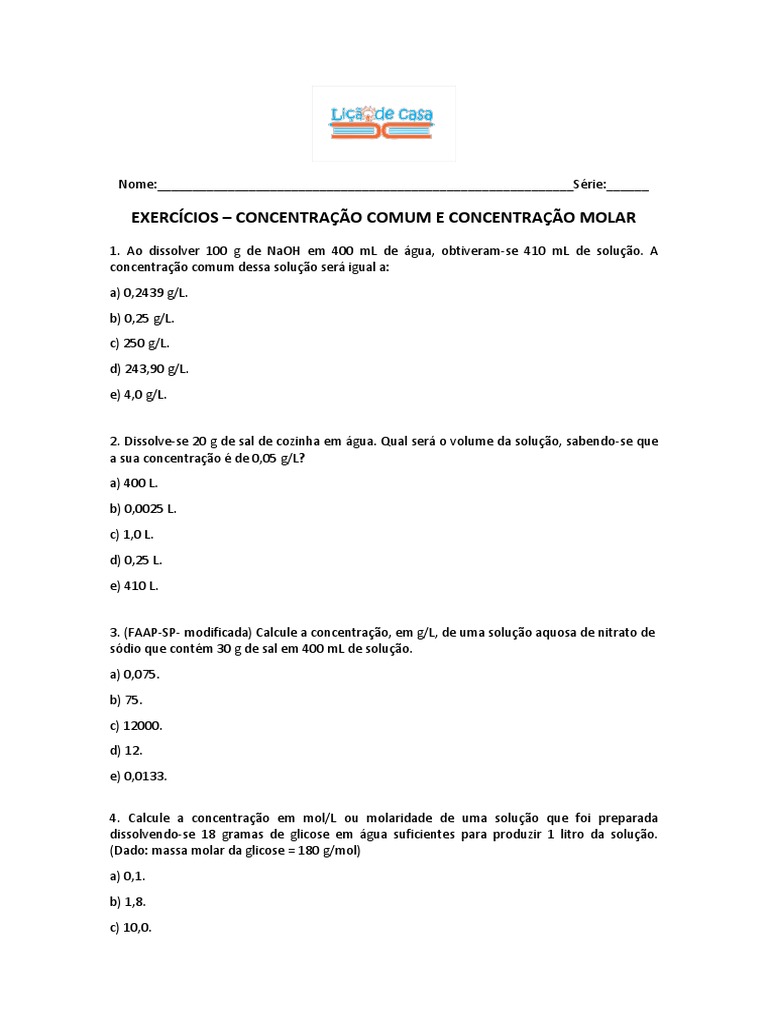 Exercícios de Concentração Comum e Molar | PDF | Concentração | Solução