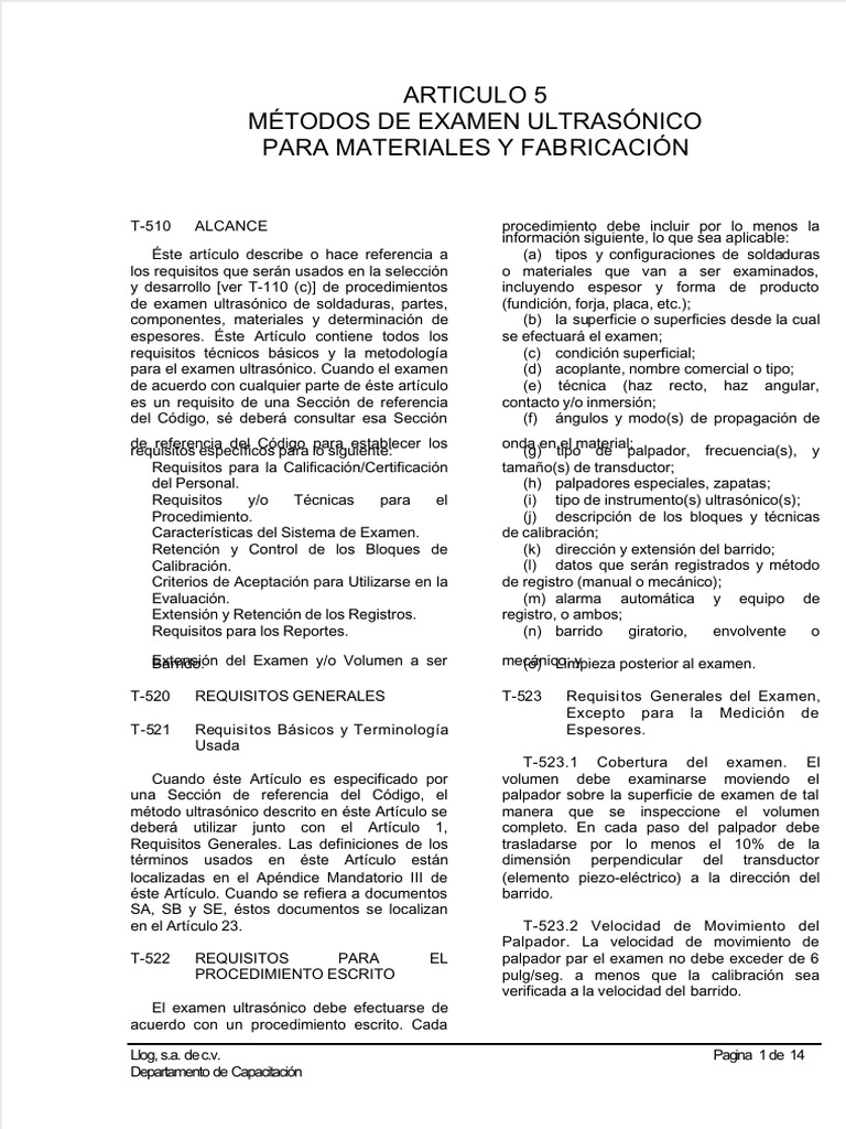 Asme Seccion V Articulo 5 Ut Espanol PDF Calibración Tratamiento a base de calor