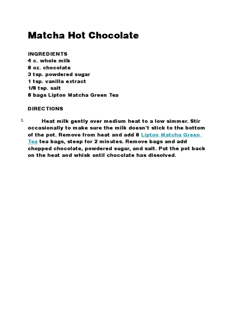 Matcha Hot Chocolate Recipe | PDF | Cooking, Food & Wine