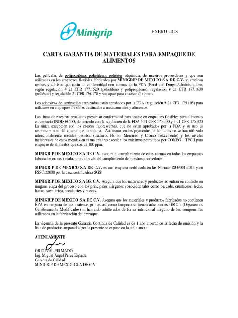 Carta Garantia / Quality Guarantee letter  Administración de Alimentos