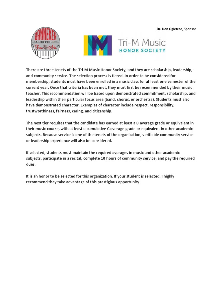 Tri-M Music Honor Society Membership Guide | PDF | Career & Growth ...