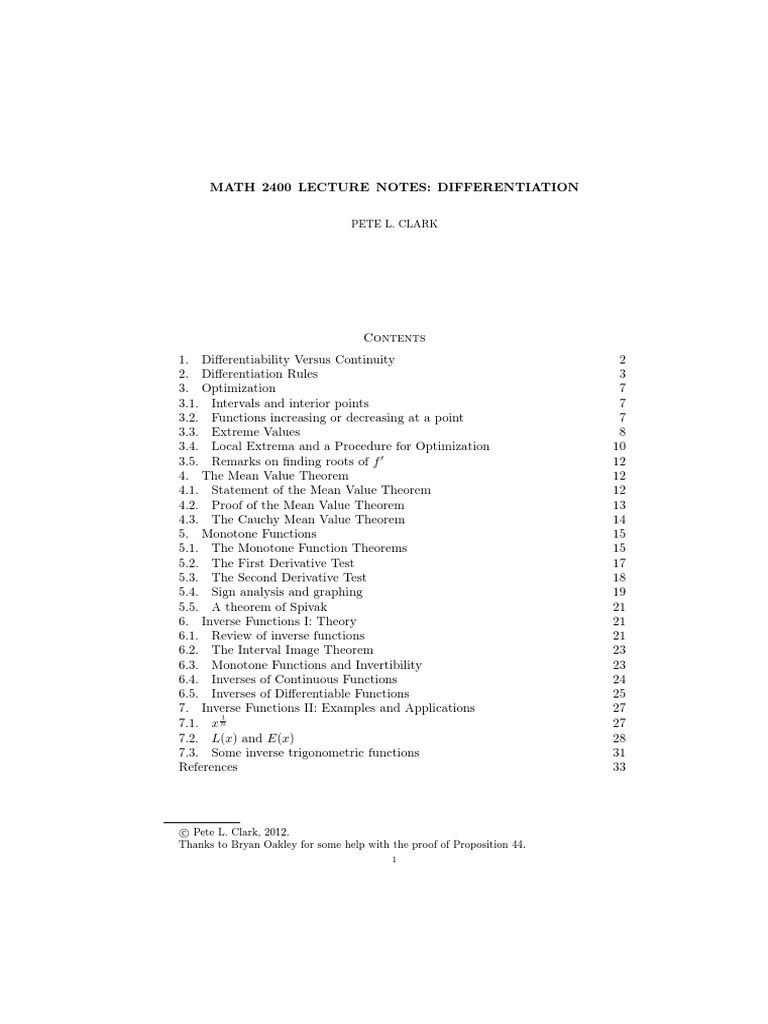 MATH 2400: Differentiation Notes | PDF | Maxima And Minima | Derivative