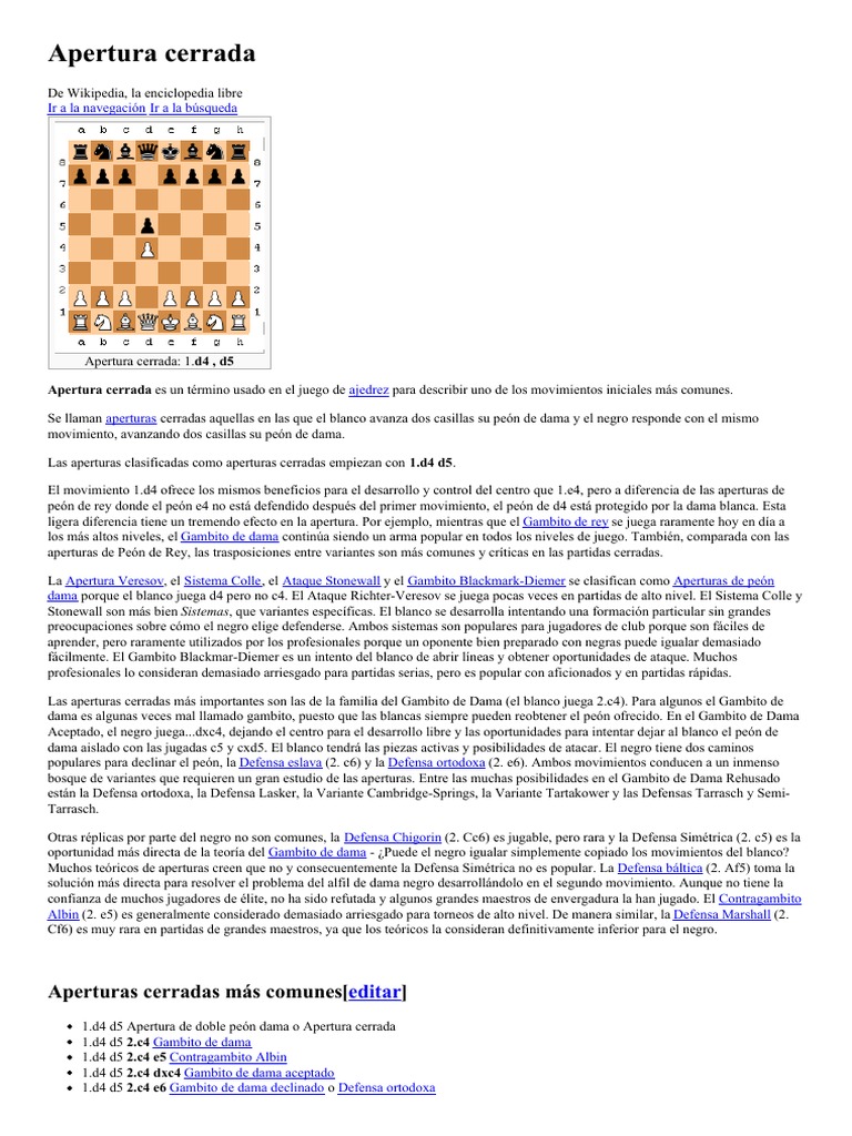 Apertura Cerrada | PDF | Aperturas de ajedrez | Juegos de mesa
