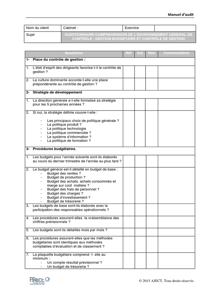 Questionnaire Controle Gestion  Budget  Audit