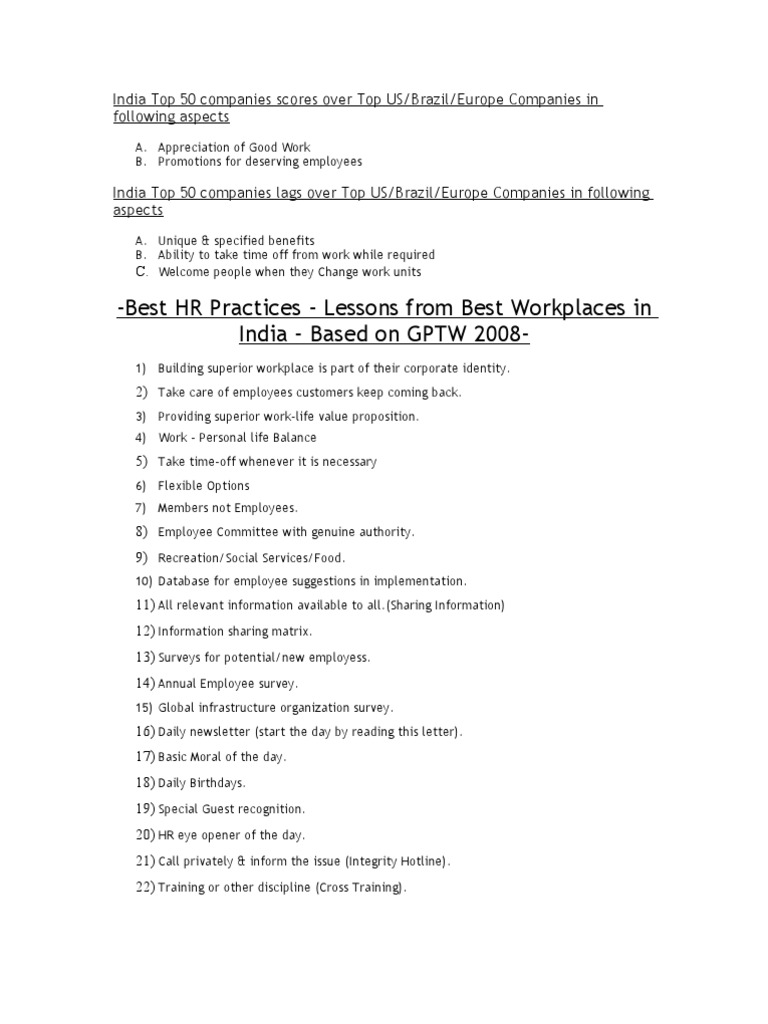 Best HR Practices in Indian Companies | PDF | Work–Life Balance ...
