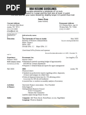 BBA Sample Resume With Directions