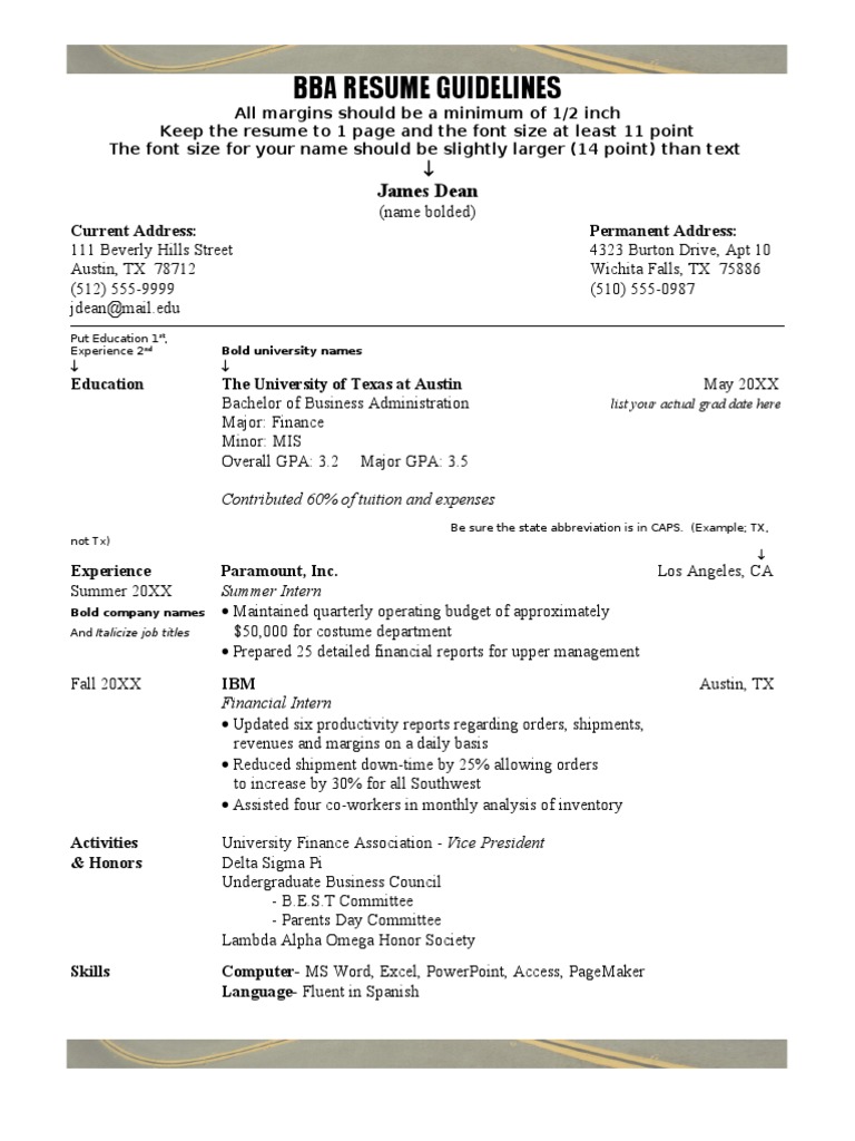 resume Abbreviation For Resume bba sample resume with directions business