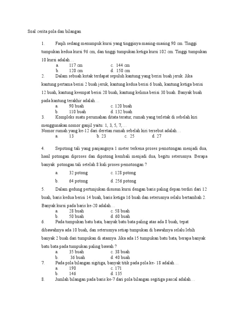 Soal Cerita Pola Dan Bilangan